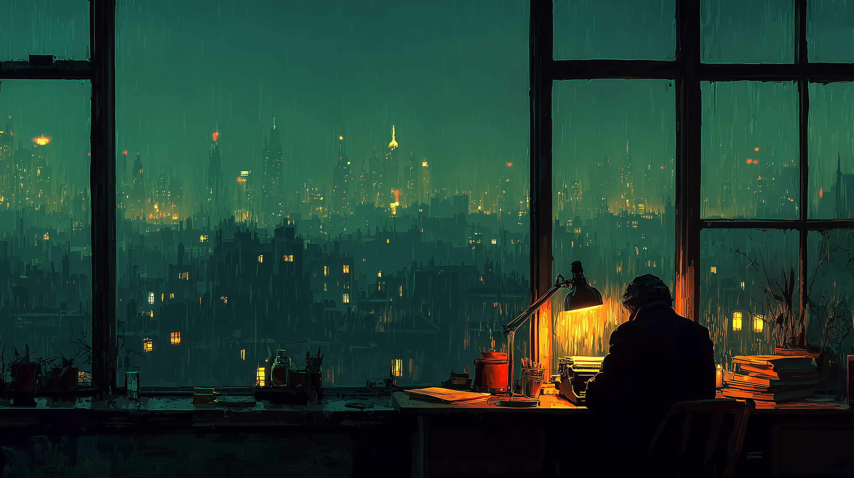 A warm late-night coworking scene lit by hanging lamps