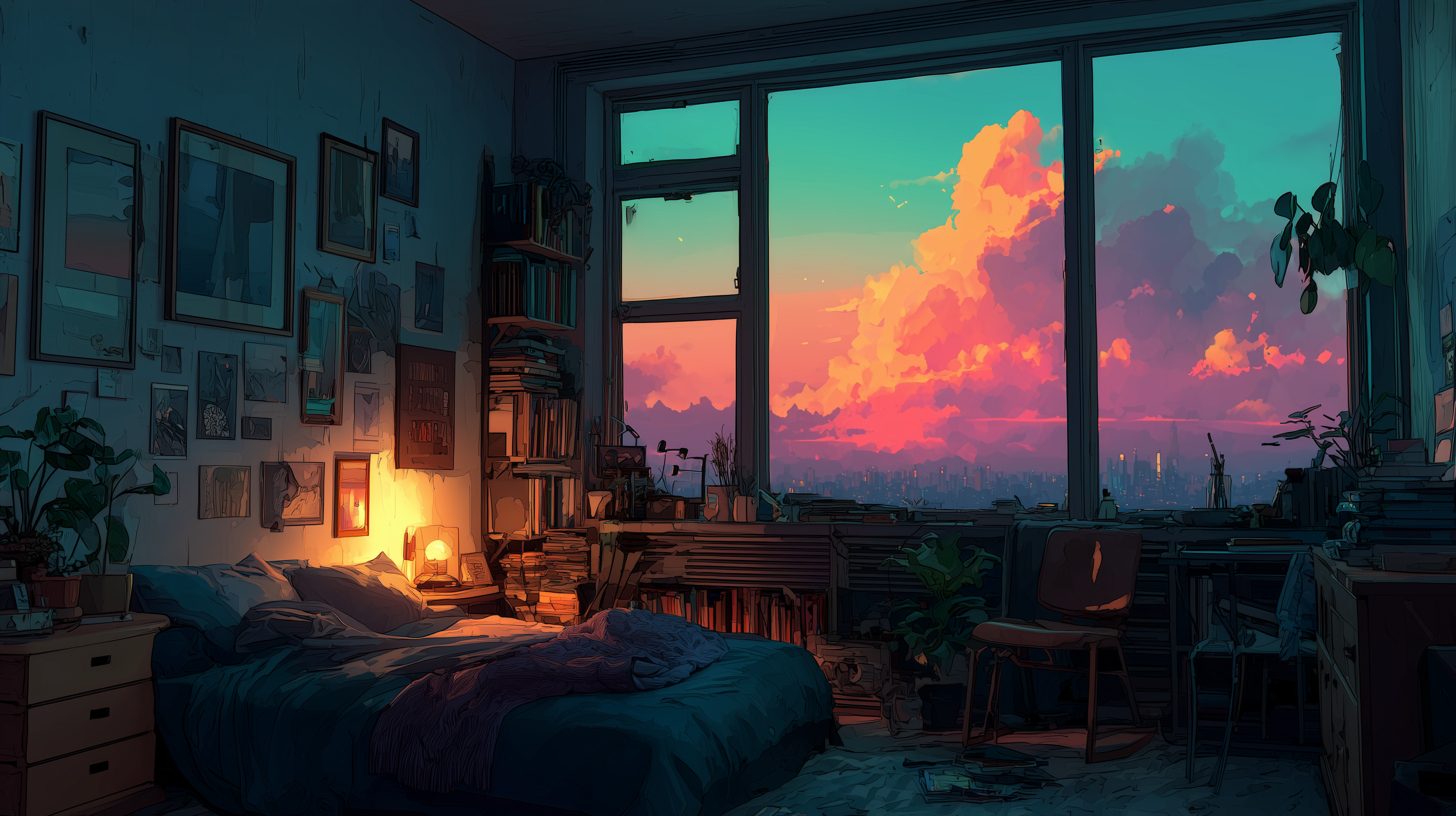 A moody late-night editorial scene with warm lamps and deep blue shadows